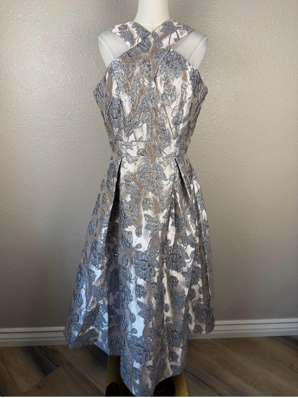 Maison Tara Silver Floral Jacquard Midi Dress with Gray Accents